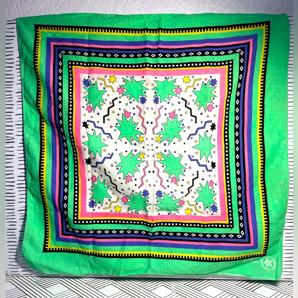 80s Vintage Bandana Neon Colors USA Cotton Neon Green Pink Geometric Stars